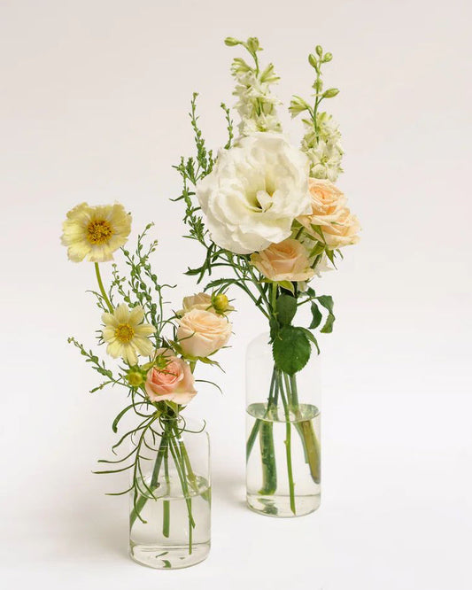 Two glass vases with floral arrangements on a light background